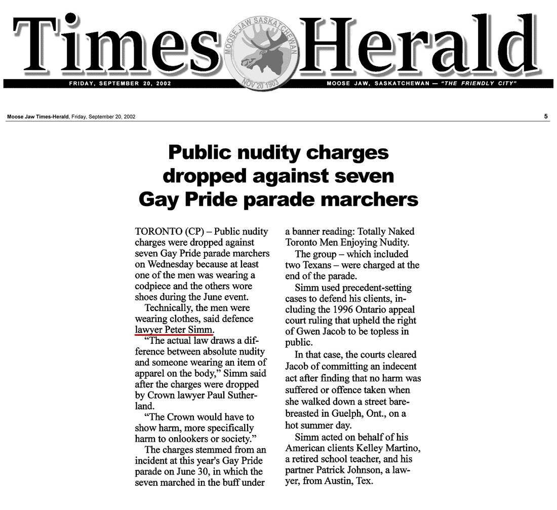 Moose Jaw [Sask,] Times-Herald 2002-09-20 - Simm convinces Crown to drop nudity charges against Pride marchers